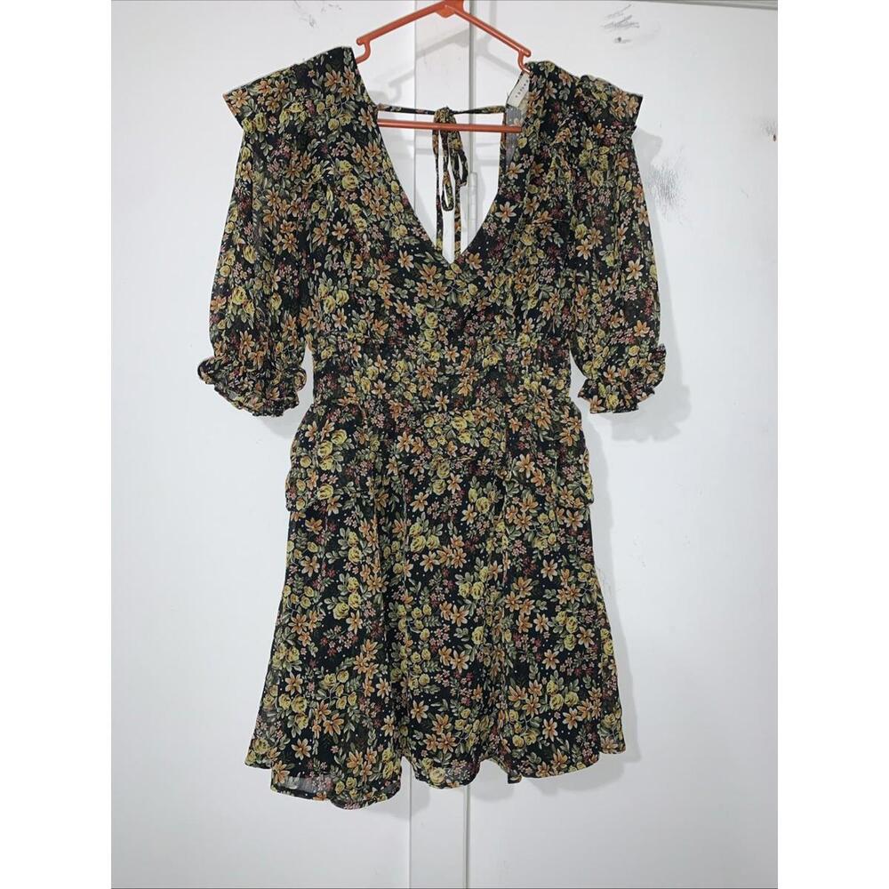 Topshop Dress Shirred Waist Mini Short Sleeve Square Back Floral Boho Womens 2